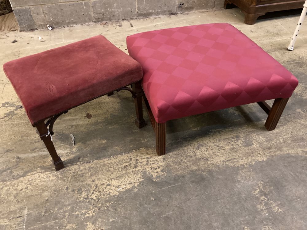 Two George III style mahogany stools, larger 72 x 70cm height 34cm